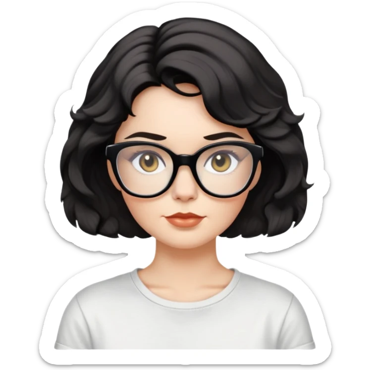 white woman about 50 years old with light warm skin, wide face, black wavy neck-length 80s short hair, low volume, neutral expression, large black shiny butterfly or cat-eye glasses, white casual t-shirt sticker