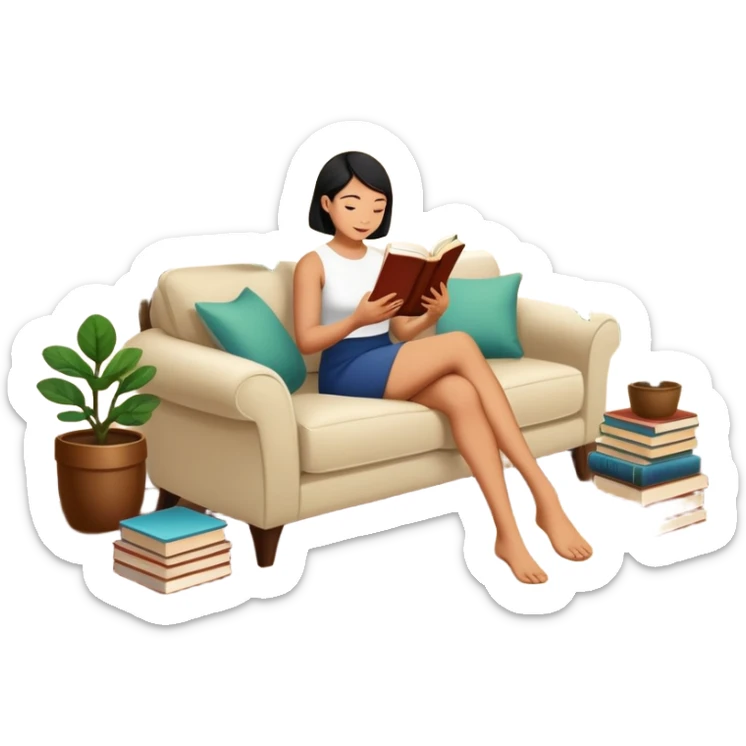 Asian woman is reading a book in the living room that crowded Fiddle Fig and tons of books sticker