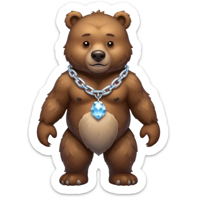Fierce brown bear walking on four paws with an ice chain necklace, frozen chain links made of crystal clear ice, serious face sticker