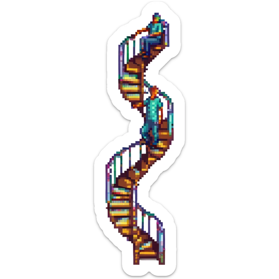 pixel art showing a surreal hybrid of a human and a staircase, with the staircase spiraling around or through the person’s body sticker