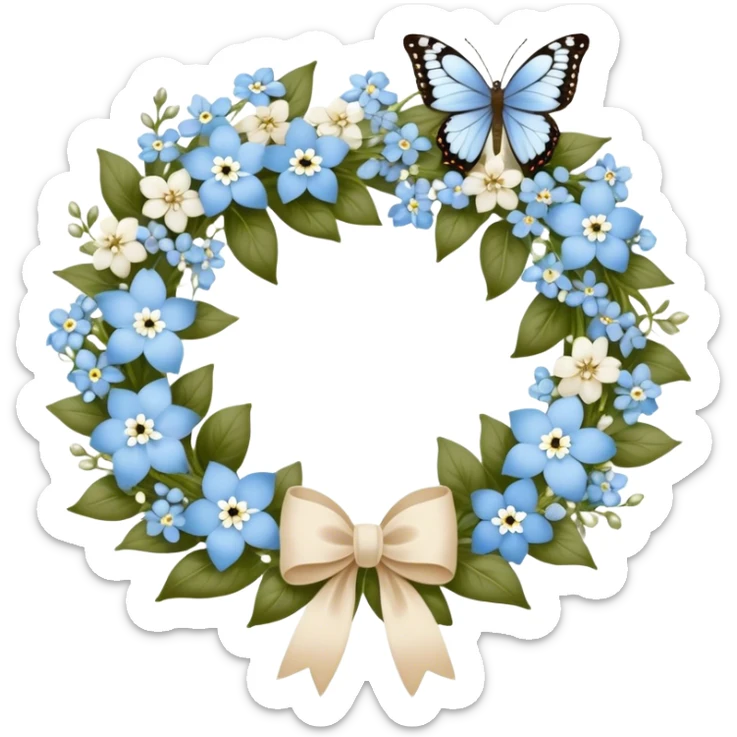 A delicate floral wreath woven from baby blue forget-me-nots and white jasmine, tied together with a velvet ribbon in creamy beige. A pearl-colored butterfly with intricate, lace-like wings rests atop the wreath, completing the picture of timeless elegance sticker