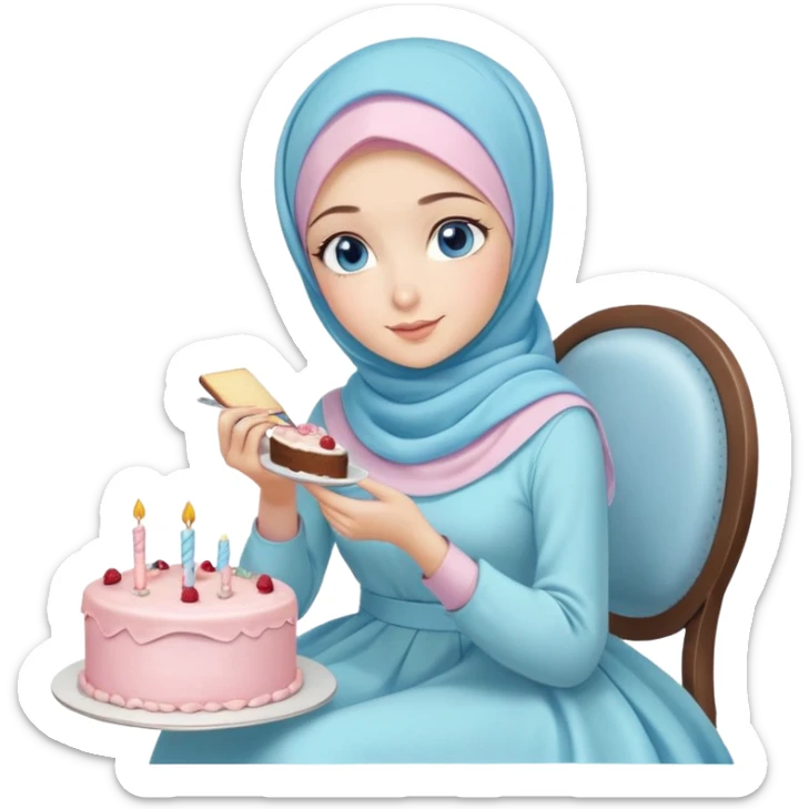 Turkish beautiful finish Konya girl blue eyes with pastel hijab long tail dress and sits on the chair and holds cake with her hand  sticker