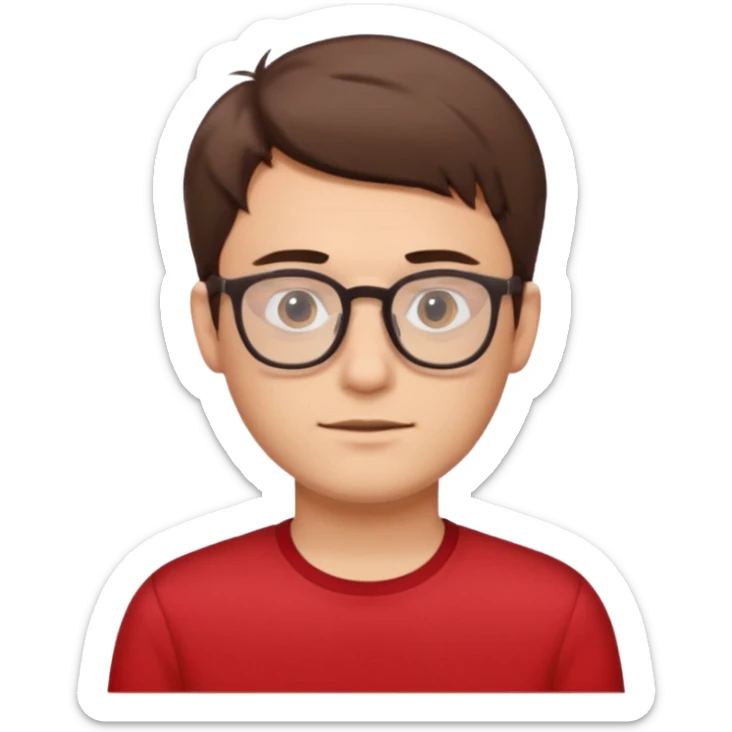 guy with short brown hair and glasses. he looks like a nerd. he is wearinf red sticker