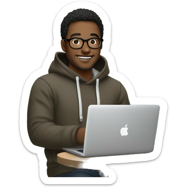 a designer in glasses and a hoodie holds a mac book in his hands sticker