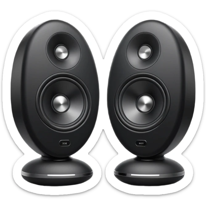 pair of big speakers emoji, deep matte black metal body, circular speaker cones with subtle depth, smooth rounded edges, minimalistic futuristic 3D style, luxury aesthetic sticker