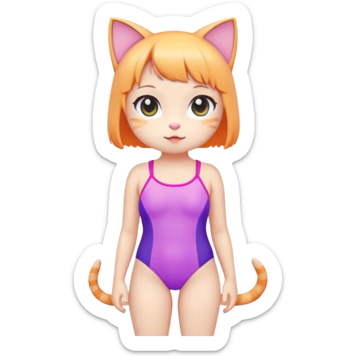 Cute short cat girl character with big head in a colorful swimsuit, kawaii style sticker