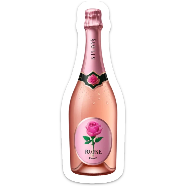 bottle of sparkling rosé with a rose logo on the label, angled to the left, no glass sticker
