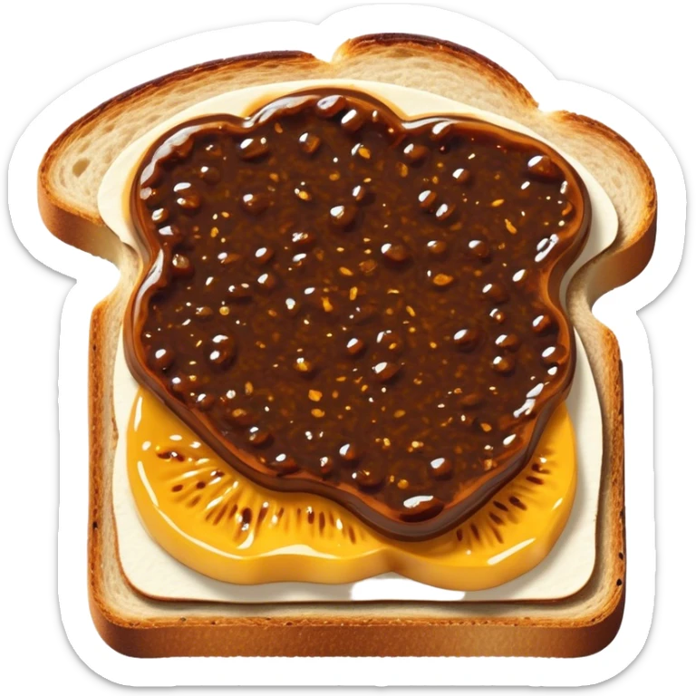 Vegemite on Toast Cinematic Realistic Vegemite on Toast Dish Emoji, depicted as a toasted slice of bread generously spread with Vegemite, rendered with warm textures and crisp details that capture its uniquely Australian flavor. sticker