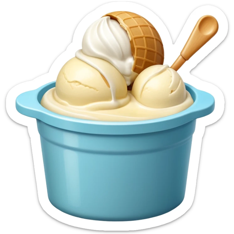 ice cream in a small round tub with lid off, creamy scoop of ice cream inside, rich glossy texture, classic flavor, minimal unbranded tub, soft lighting, no spoon or toppings, no faces, emoji scale sticker
