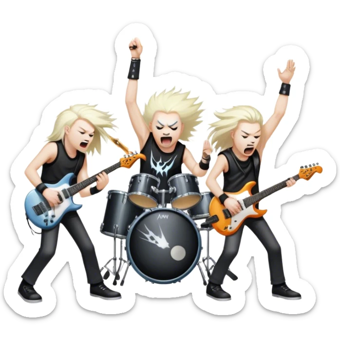 Icon for Heavy Metal Music: 4 men band on stage with electric guitars, drums and intense lighting. 4 Musicians headbanging, surrounded by energy and stage effects, capturing the power and intensity of a metal concert. Transparent background. sticker