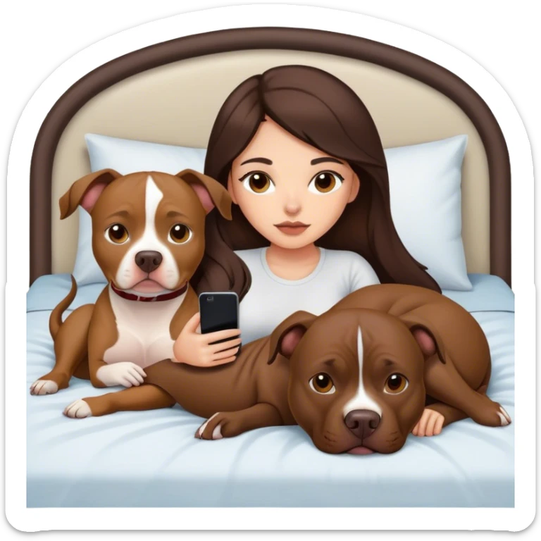 Girl long dark brown hair lays on her bed with her cell phone and her brown pit bull lays guarding her sticker