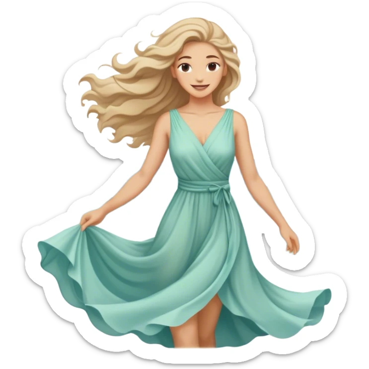 A woman in a flowing dress by the ocean, wind in her hair, a serene and confident smile. sticker