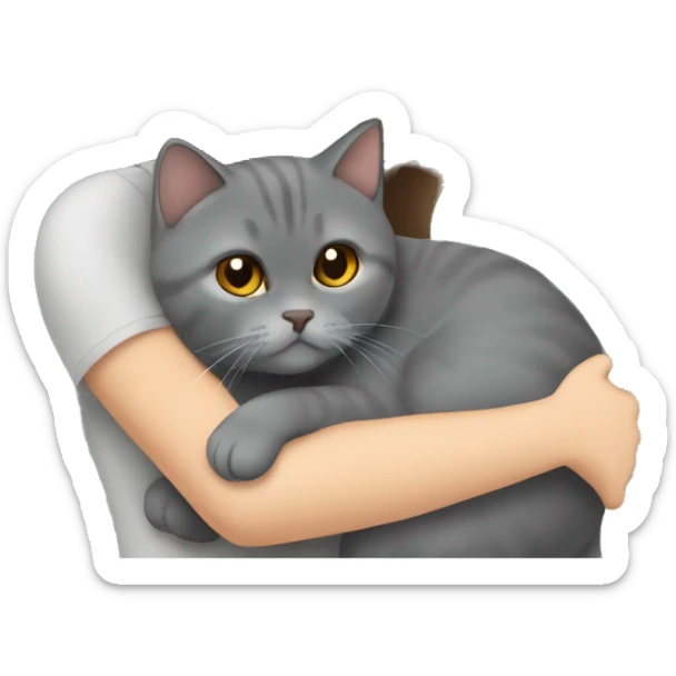 small British shorthair grey cat hugging long brown hair white woman sticker