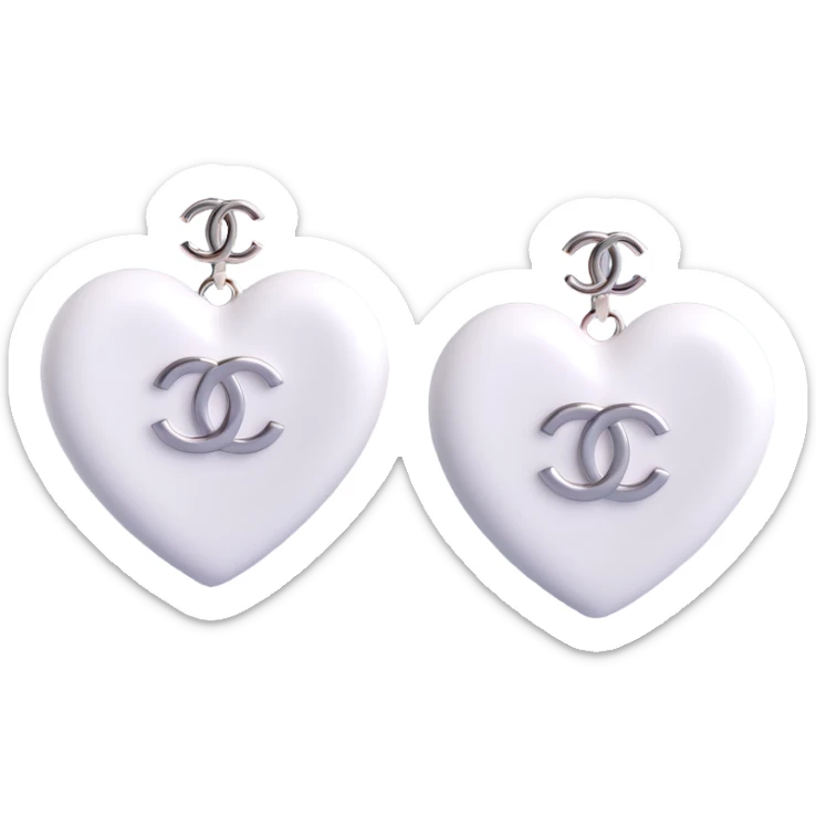 3D emoji-style heart-shaped earrings in white with a silver Chanel logo in the center, elegant sticker