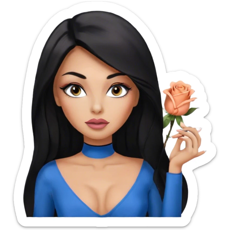 Glamours, tanned, very beautiful girl, with big pump peach-beige-rose lips, eyeliner, long long lashes, black straight smooth silky long hair, straight parting hair, blue-grey eyes, black bodysuit long-sleeves sticker