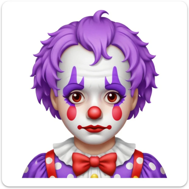 ID photo of a sad clown emoji, white face paint, red nose, classic makeup, multiple tears, short curly pastel purple hair, polka-dotted costume in soft tones, glossy highlights, centered, white background sticker