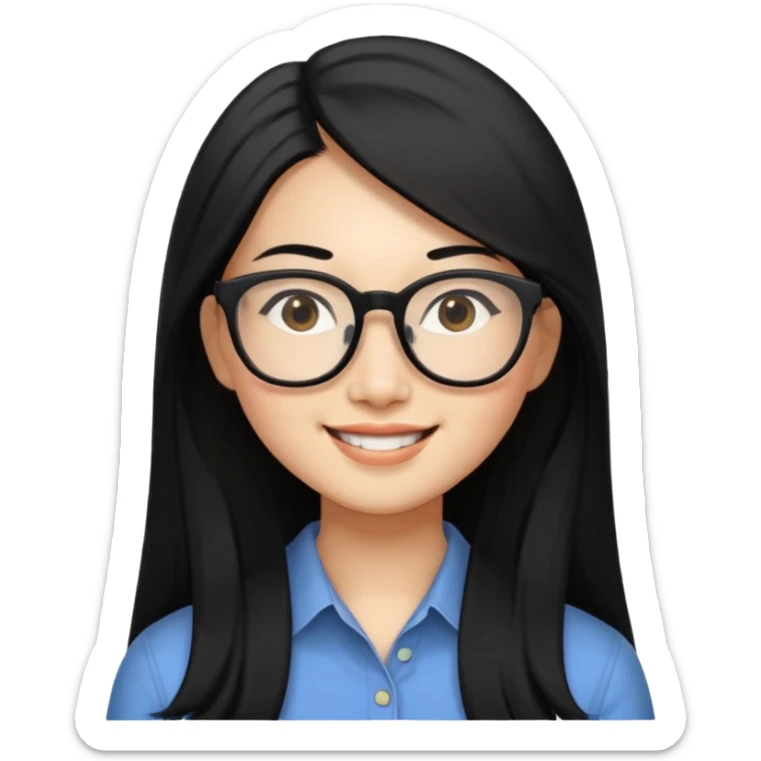 30 yr old asian woman, straight thick long black hair, big black glasses, side part sticker