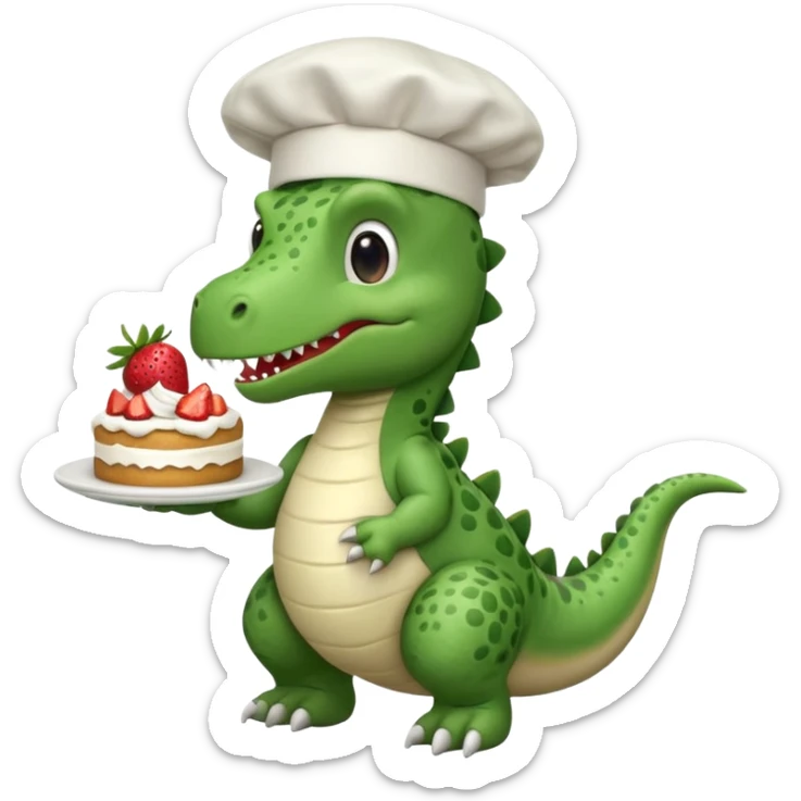 quiero un dinosaurio divertido para niños con delantal y gorro de chef y en la mano una tarta sticker
