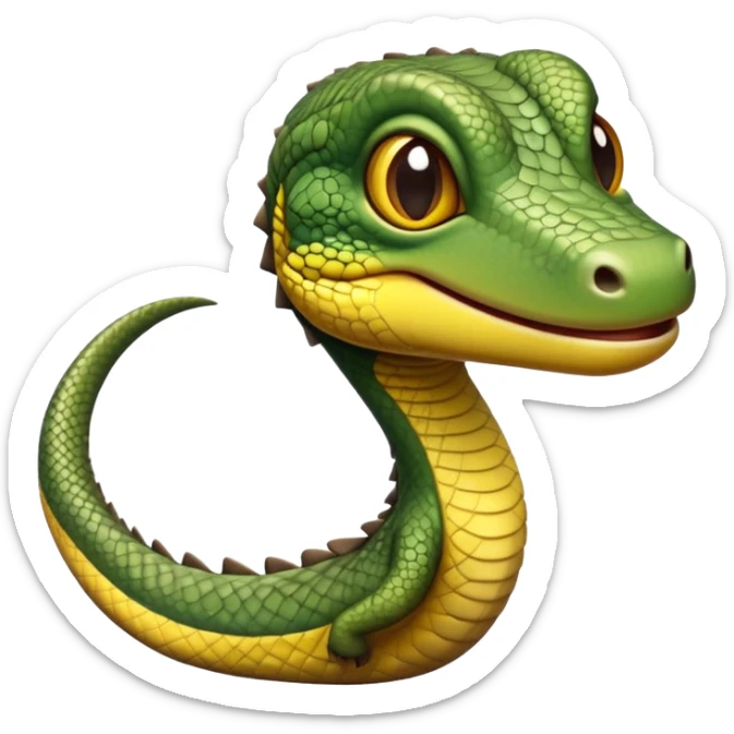 cinematic-realistic-cute-monitor-lizard-portrait-emoji,-head-tilted-playfully-and-inquisitively,-featuring-a-compact,-agile-body-with-finely-detailed,-glossy-scales-in-earthy-olive-hues-and-a-distinct,-alert-face-with-bright,-curious-eyes, yellow and dark green scales sticker