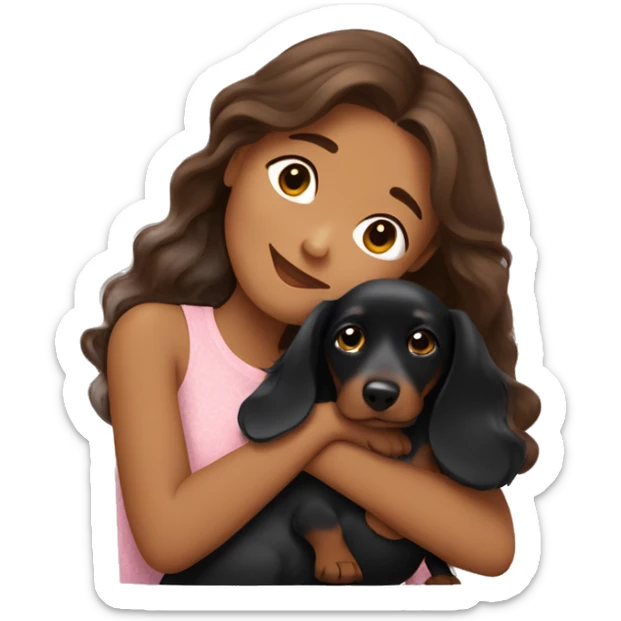 Brown long wavy hair girl cuddling a cute black dachshund sticker