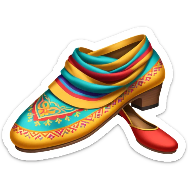 Humanless Icon for Folk Dance: traditional folk dance shoes, a colorful scarf, and a vibrant dance floor. The icon should capture the energy and cultural richness of folk dancing, with emphasis on movement, rhythm, and traditional attire. Transparent background. sticker