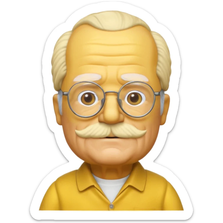 A 3D cartoon close-up of Grandpa Abe Simpson from The Simpsons, rendered in Memoji-style with bald yellow head, white tufts of hair on the sides, wrinkled face, glasses, and warm lighting. Match the Simpsons family color tone and style, yellow dress. sticker