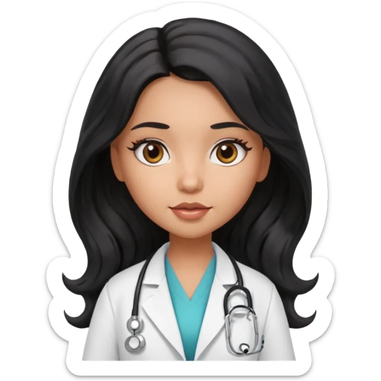 a pretty bratz light dusky girl with long wavy black hair as a doctor\ sticker