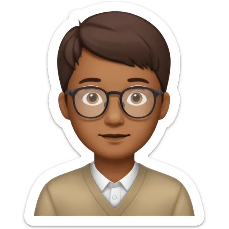 Asian male, with goatie, wearing glasses, medium length hair, brown sticker