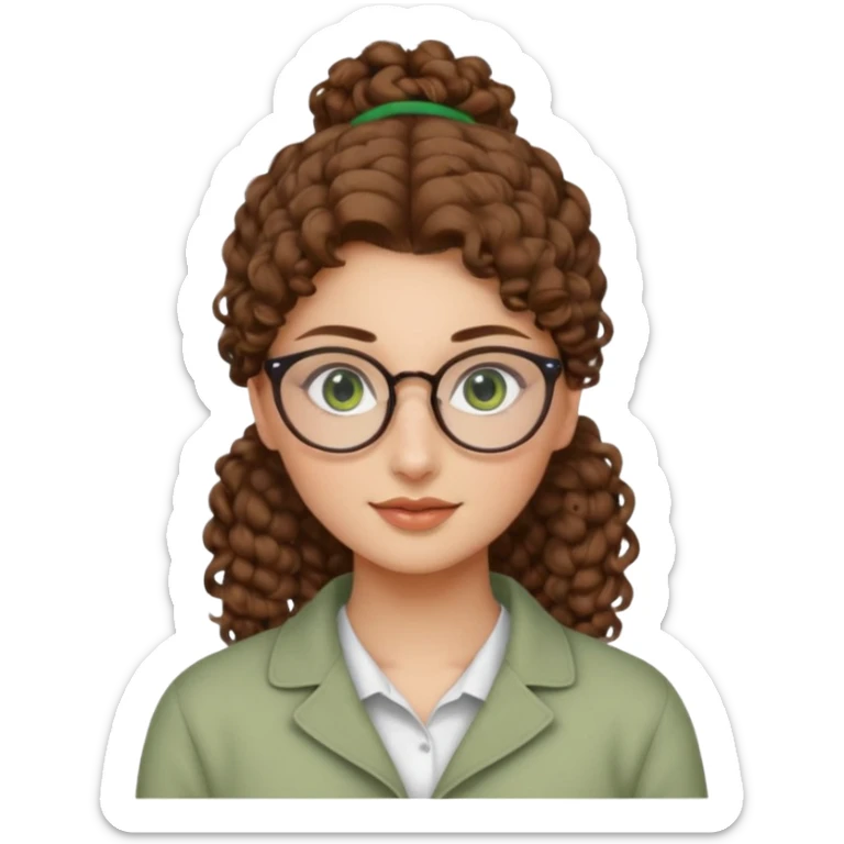 iranian woman, tight curly light brown hair in one high pony tail, glasses, green eyes, pretty, oval shape face, no hajib sticker