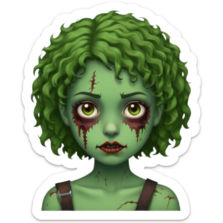 Garota, cabelos cacheados curtos na medida dos ombros, pele verde, olhos castanhos escuros, machucados pelo corpo, remetendo a um zumbi sticker