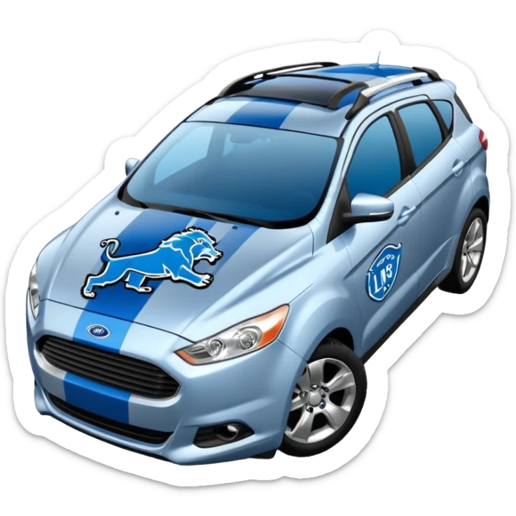 Compact Ford car emoji with Detroit Lions theme, blue and silver stripes, lion paw prints, football on the roof sticker