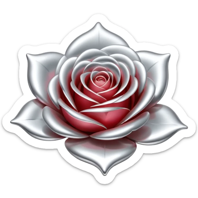 A rose emoji made of liquid silver metal, smooth metallic petals, reflective chrome surface, soft gradients, elegant shape, minimalistic iOS emoji style, centered, clean white background, realistic highlights, no text sticker