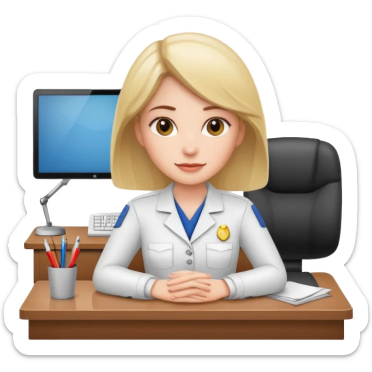 one white woman employee sitting in front of the desk sticker