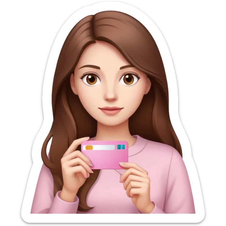 Femme au cheveux long et châtain qui tient une carte bancaire rose pale  sticker