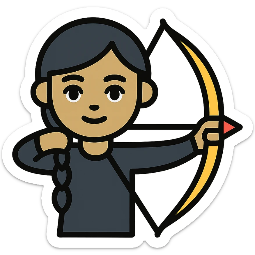 girl with olive skin, gray eyes, black hair in a side braid, wearing a black outfit, holding a bow and arrow sticker