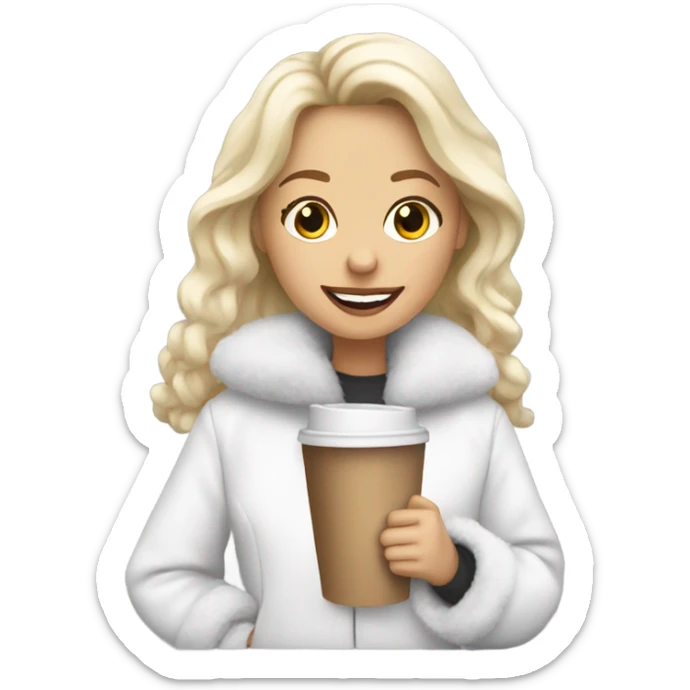 blonde girl wearing white fluffy jacket and a coffee to go in hand all dress white sticker