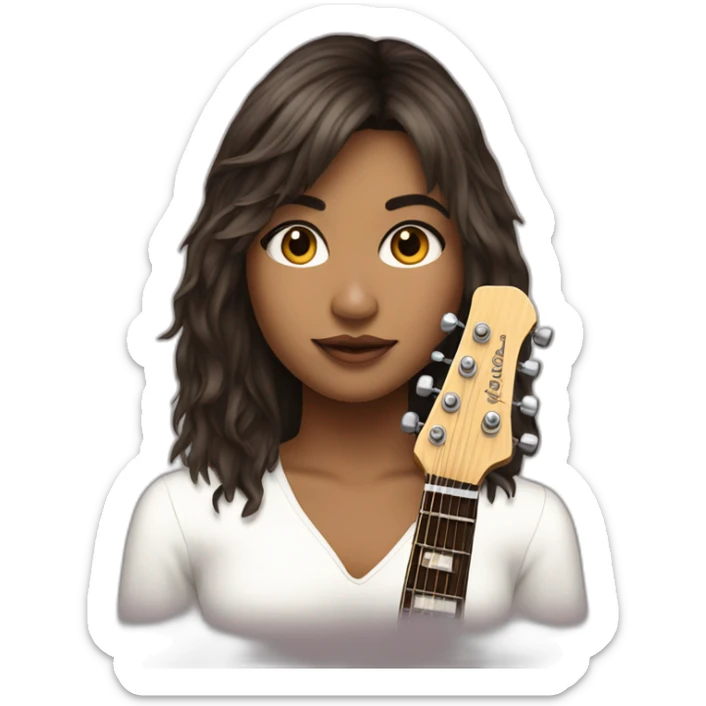 One rockstar girl with cascade brunette hair with fringes with quitar sticker