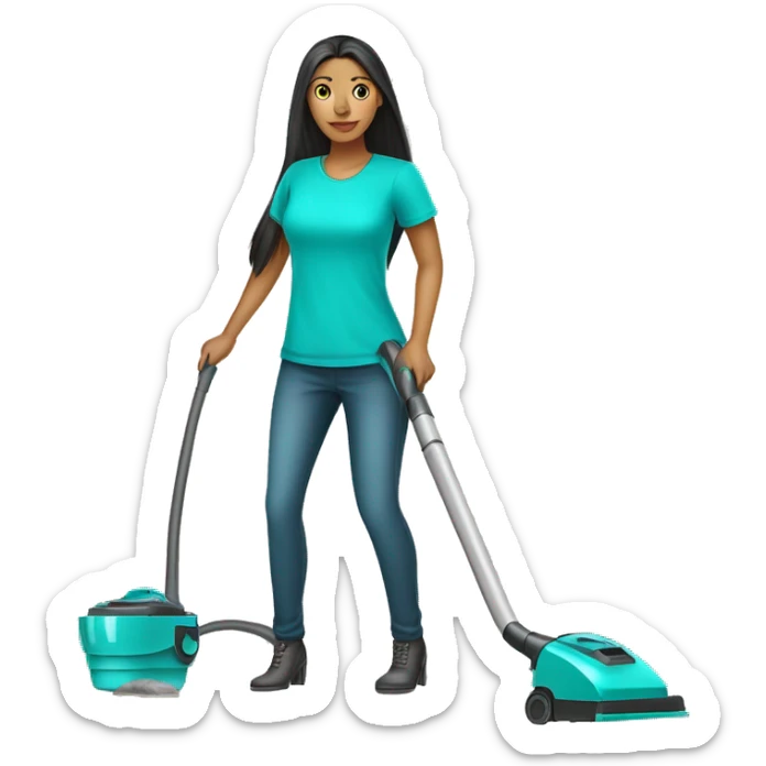 woman cleaner with light skin and long dark straight hair in turquoise color t-shirt. She working with vacuum cleaner sticker
