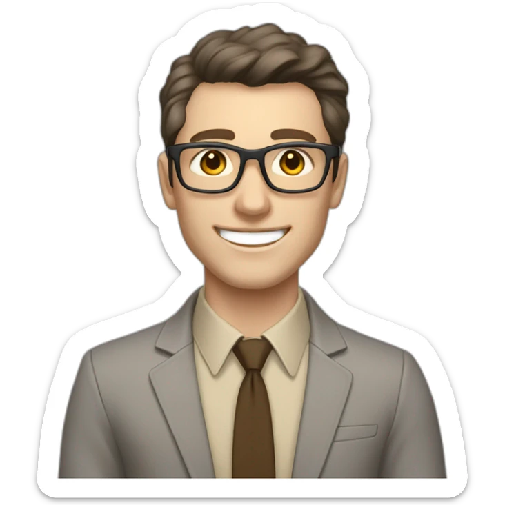 Joyful Pale skinned Fit Man With dark brown hair in gray jacket, beige office shirt, Brown pants and vintage glasses. His thrumbs up sticker