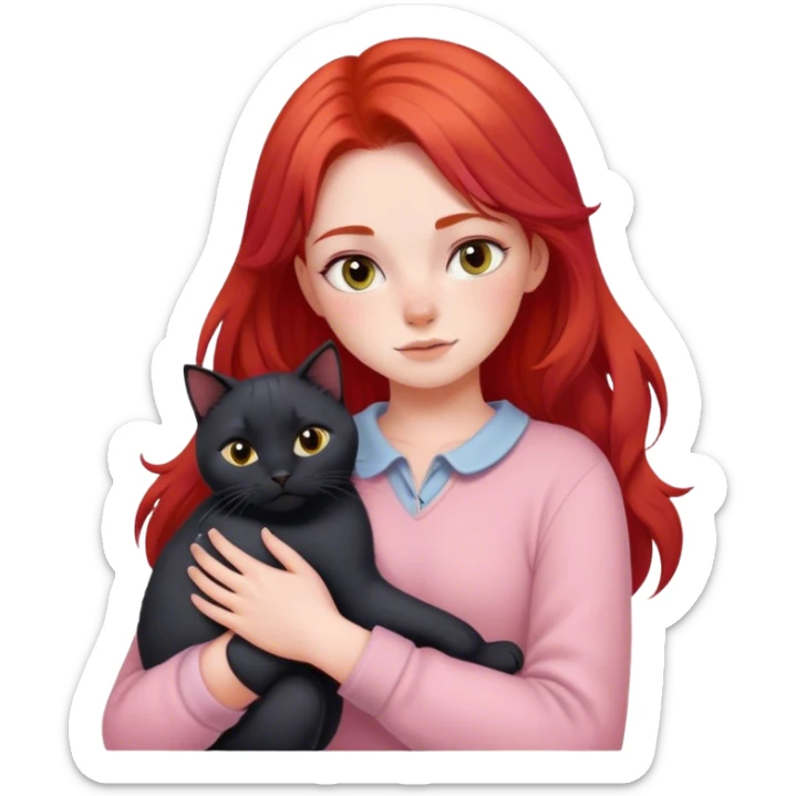 
a girl with red hair in pastel clothes hugs a black British cat sticker