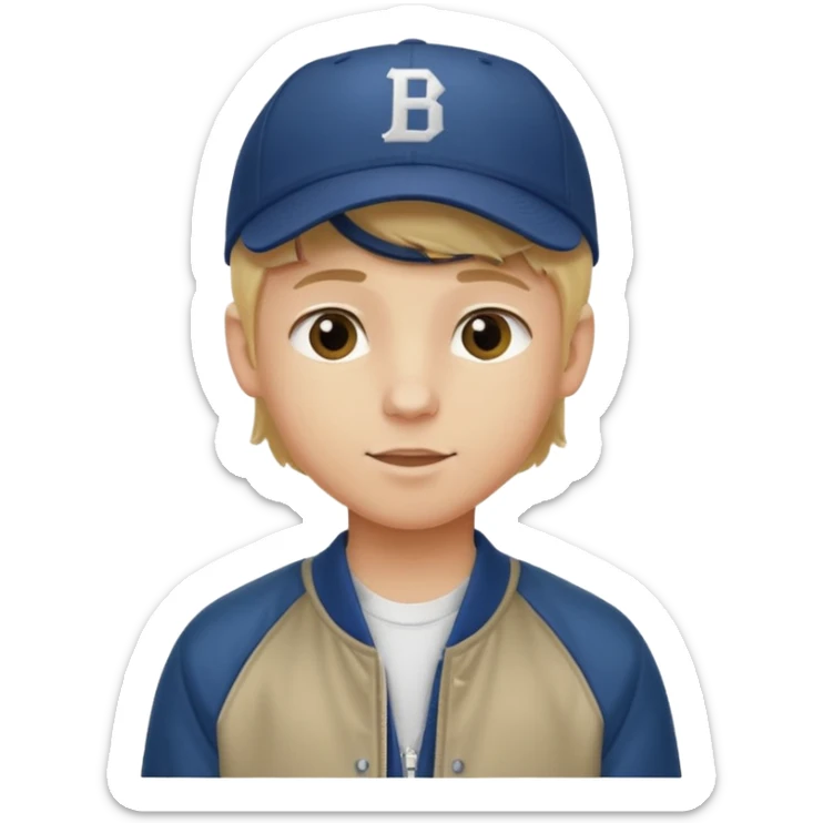 emoji of a teenage boy, straight blonde hair, wearing a baseball cap and jacket, friendly expression sticker