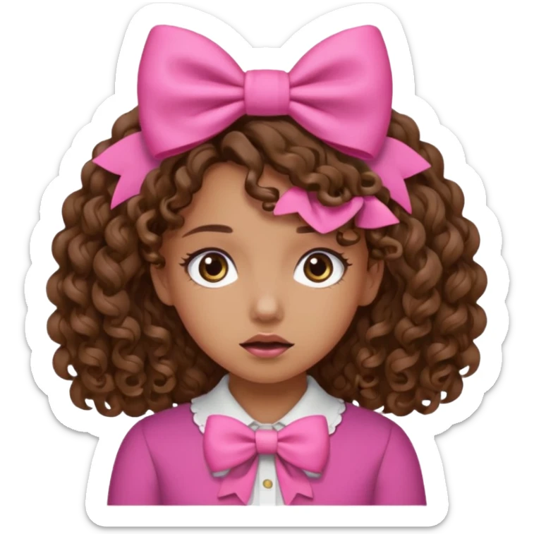 Curly hair brown hair tan skin girl, Pleading Face emoji, using pink bow sticker