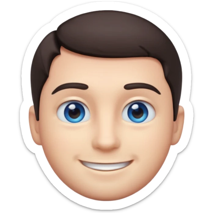 Cute 3D emoji of a smiling man with short dark hair and blue eyes, round face, simplified features, oversized glossy eyes, soft gradient shading, pastel tones, clean vector style, smooth edges, minimal background, transparent PNG, sticker icon sticker