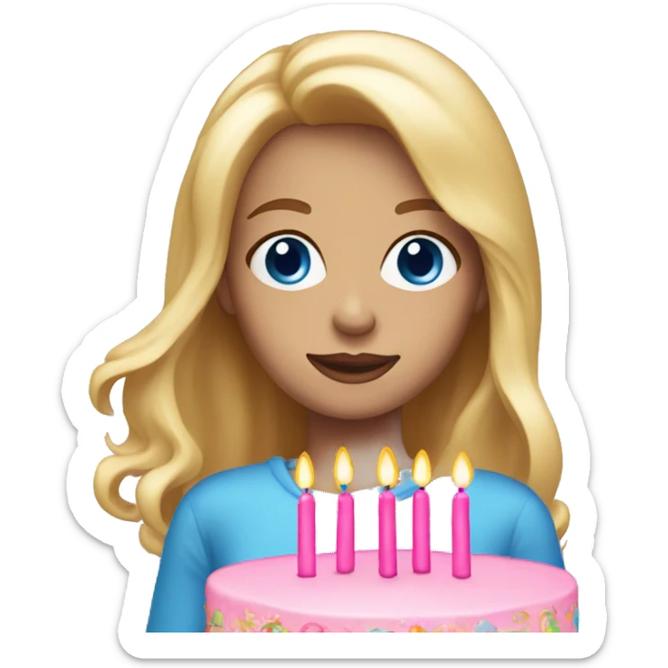 Woman with long blonde hair and blue eyes holding a pink birthday cake  sticker