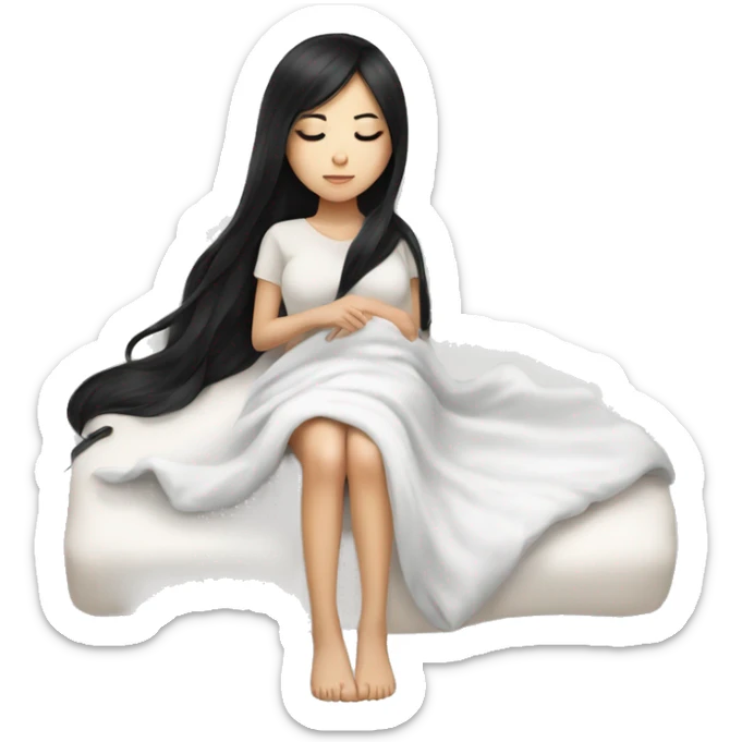 asian cute girl with long beauty black hair sleeping with white blanket and pillow no bed sticker