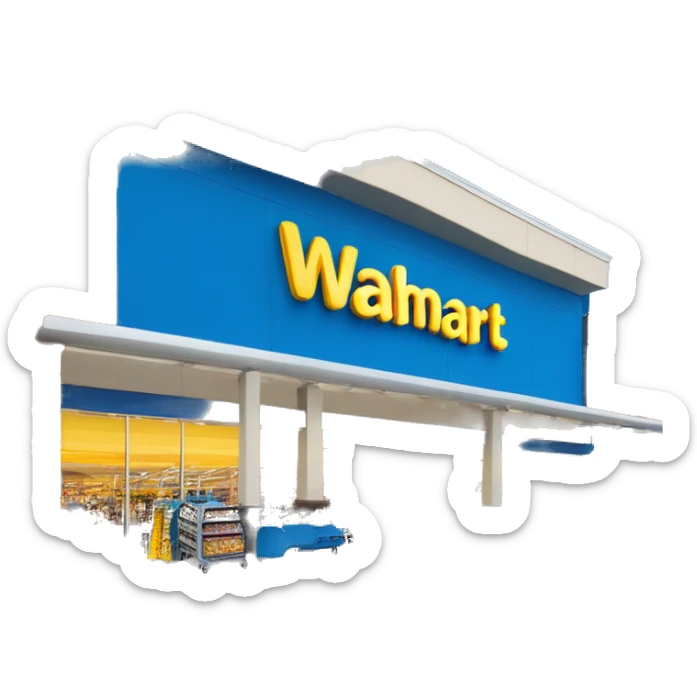 “Exterior of a Walmart store with the sunburst logo above the entrance, blue facade with yellow accents, large sliding glass doors, and shopping carts lined up outside, capturing the look of a busy retail supercenter.” sticker