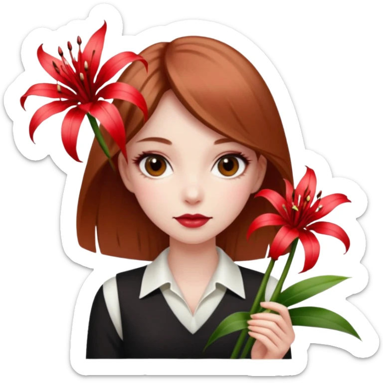 Create emoji a girl with light brown hair pale skin black eyes having poker face holding a red spider lily flowef sticker