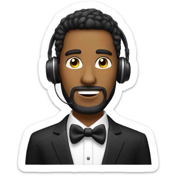 A guy in tuxedo having sor tried beard and wearing headphones sticker