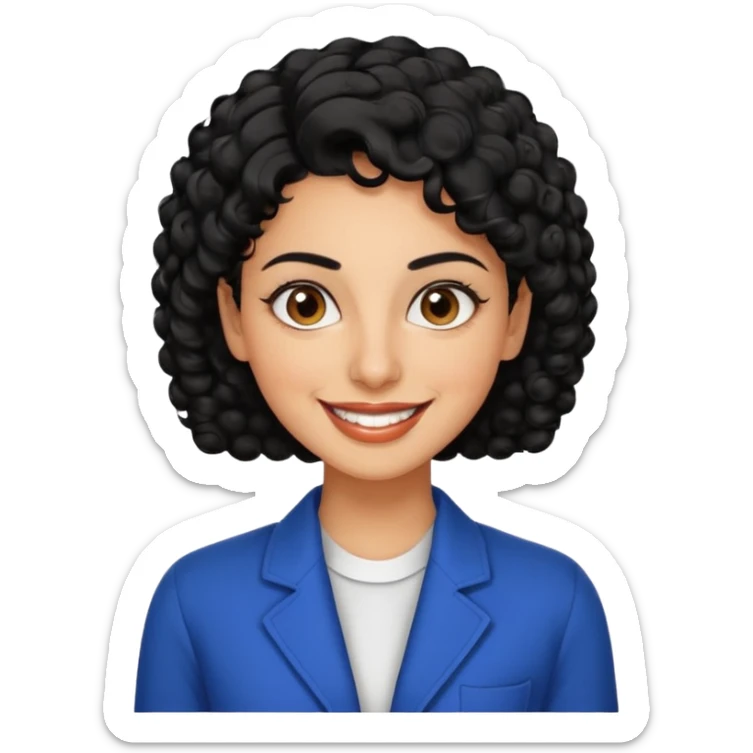 30 year old iranian woman very short curly black hair, big brown eyes, tanned skin, big smile, white teeth, pretty, stylish, shorter hair, boy cut hair, nice clothes sticker