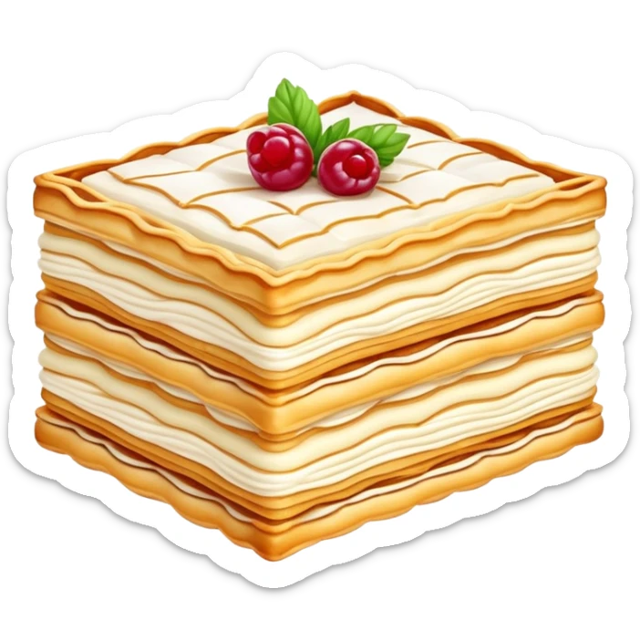 mille-feuille-cinematic-realistic-mille-feuille-dessert-emoji,-depicted-as-a-rectangular delicate-pastry-composed-of-two-crisp-layers-of-puff-pastry-with-a-rich-cream-filling,-rendered-with-intricate-textures-and-elegant,-soft-lighting. Please only show two layers only. sticker